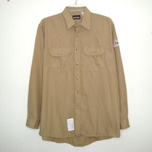 Bulwark FR Shirt Mens Large Beige Flame Resistant Button Up Long Sleeve Workwear